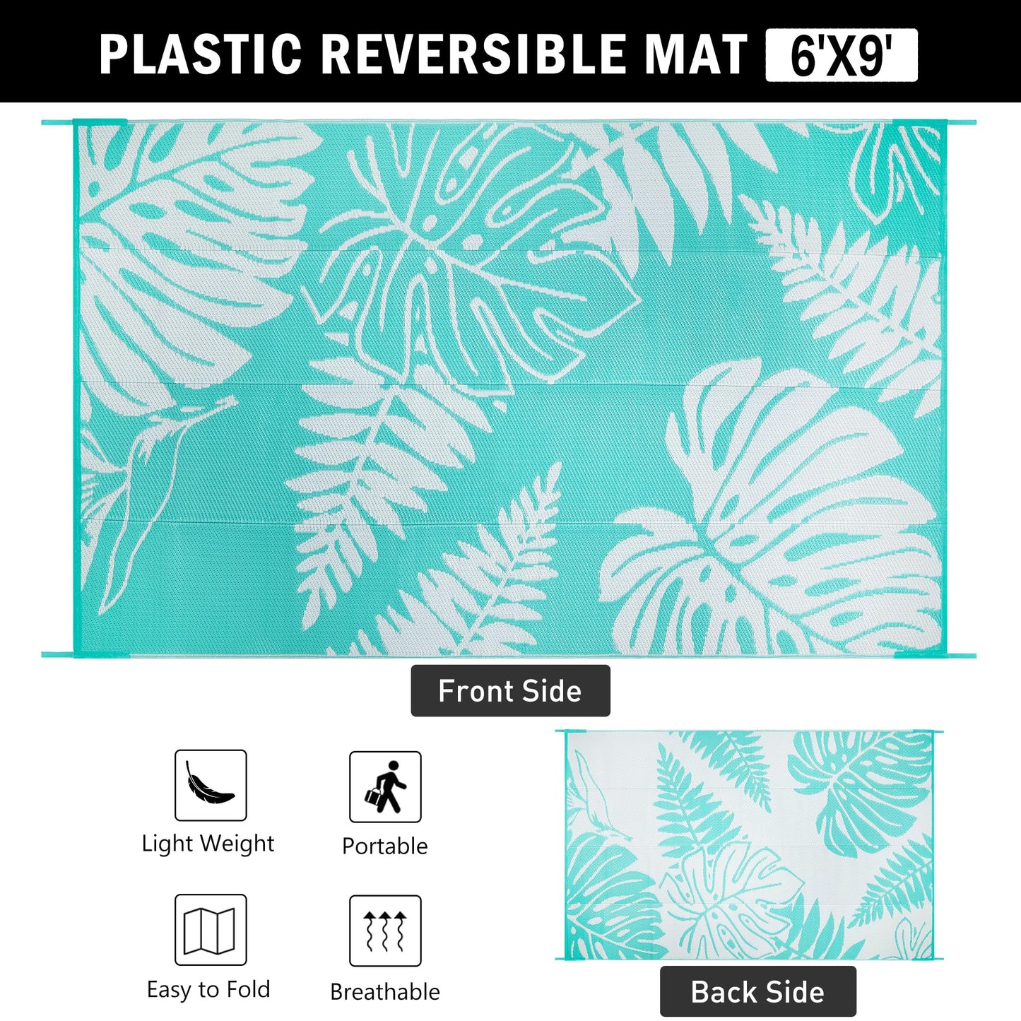 PureCozy Outdoor Plastic Straw Rug Leaf Waterproof Teal Blue Outside Patio 6x9 Carpet Tropical Reversible Mat Washable Large for Camping RV Porch Deck Balcony Beach