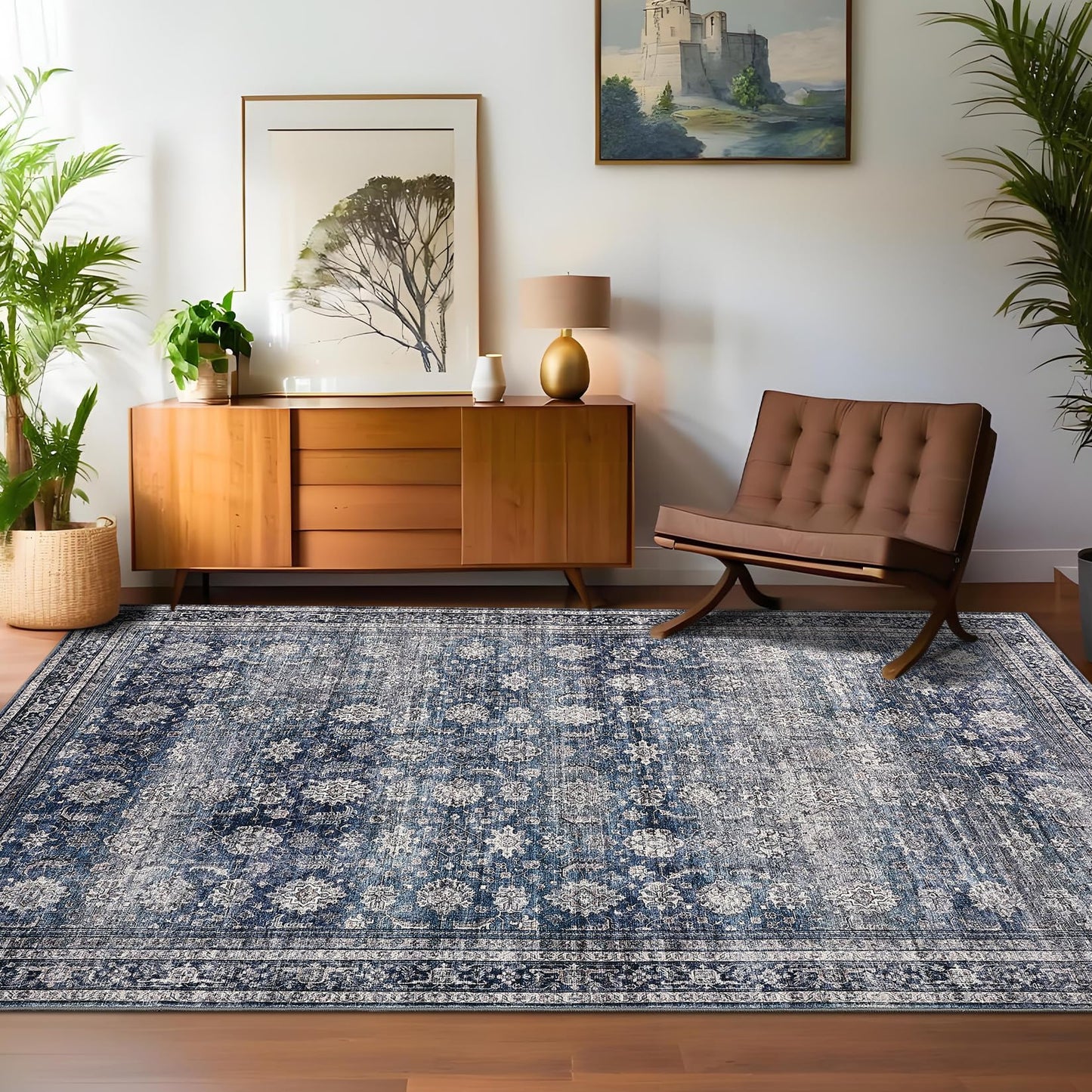 GarveeHome Area Rugs 8x10 Large Vintage Printed Accent with Non-Slip Backing, Stain-Resistant Oriental Living Room Washable Farmhouse Low Pile Rugs for Bedroom, Office, Blue