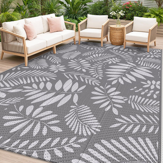 StepRite Outdoor Rug, Patio Rug, Plastic Straw Camping Rugs, Large Waterproof Area Rug and Mat for Outdoors, RV, Patio, Backyard, Deck, Porch, Beach, Balcony, (5'x 8', White&Gray)