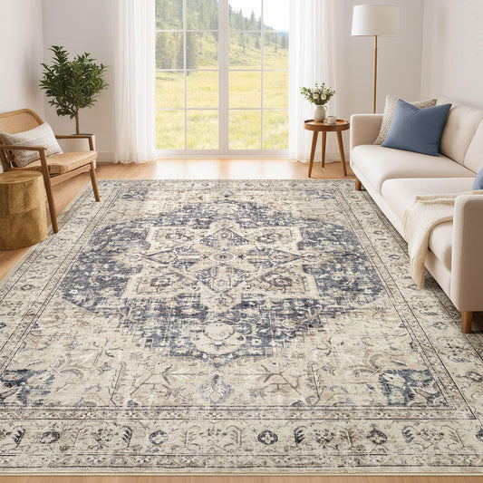 Tortania Area Rug Living Room Rugs - 5x7 Washable Boho Rug Vintage Oriental Distressed Farmhouse Large Thin Indoor Carpet for Living Room Bedroom Under Dining Table Home Office - Cream Blue