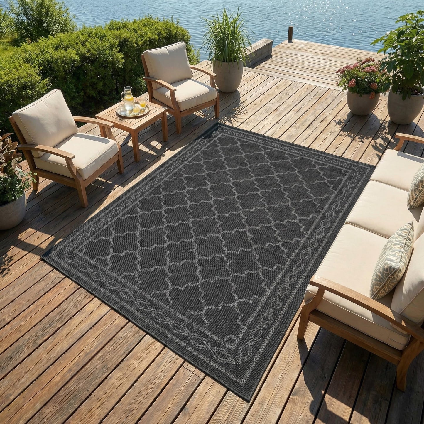 GarveeHome 9x12 Outdoor Rug for Patio Reversible Camping Carpet Waterproof Plastic Straw Rug,Foldable Area Rugs Mats for RV, Picnic, Backyard, Deck, Balcony, Porch, Beach, Black/Grey