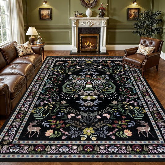 8x10 Area Rugs Living Room Rug: Vintage Washable Rug Floral Soft Carpet Indoor Floor Non-Slip Boho Stain Resistant Large Carpets for Bedroom Kids Nursery Dining Room Farmhouse Home Office Black