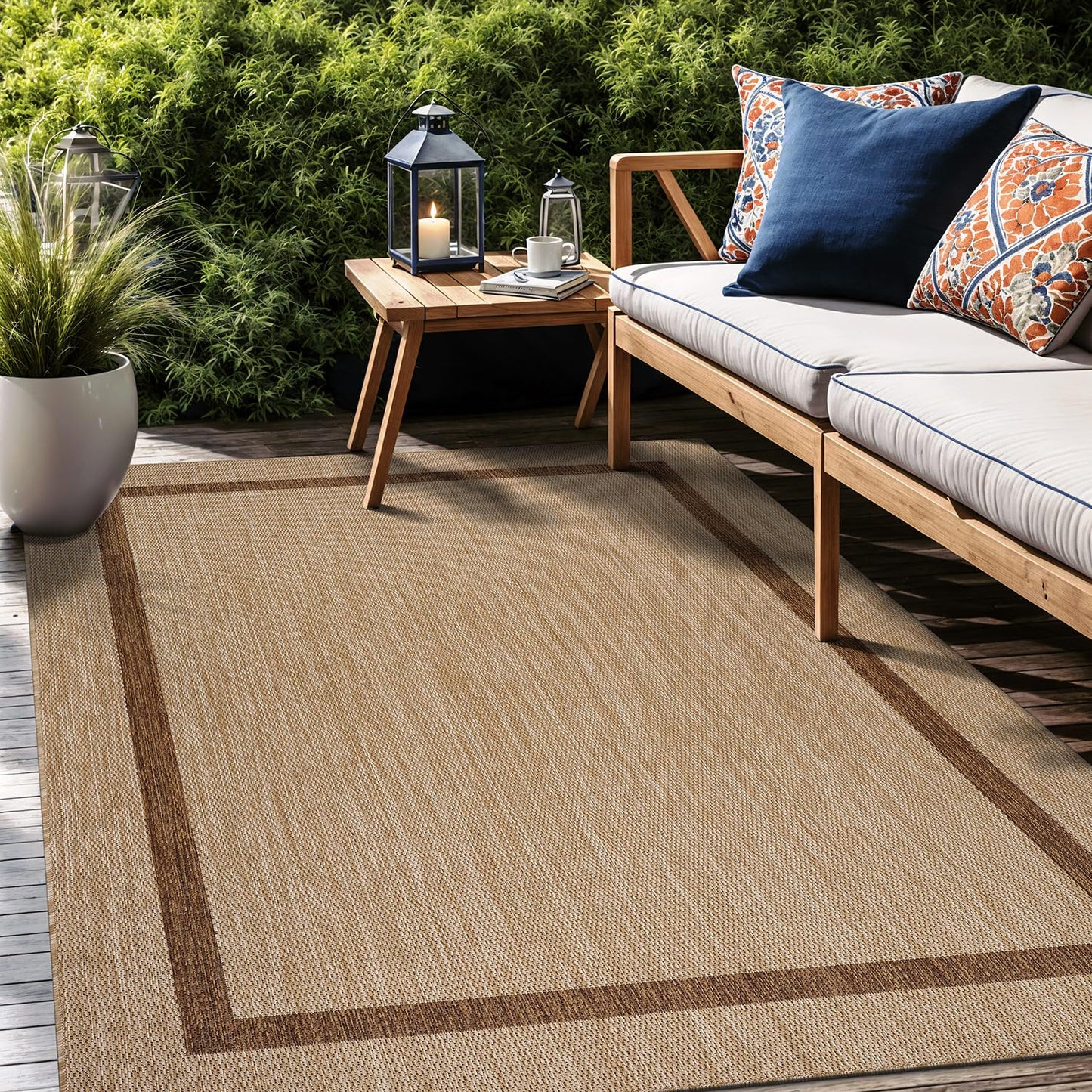 Luul Home Bordered Outdoor Rug 6x9 Washable Outside Carpet for Indoor Patio Porch Waterproof Easy Cleaning Non Shedding Area Rugs Jute Beige - Nut Brown 6 x 9