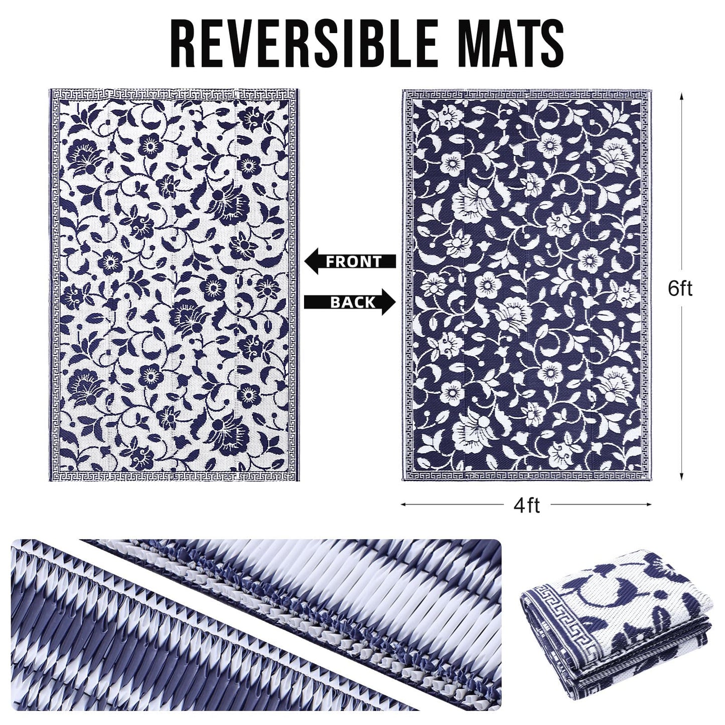 OLANLY Waterproof Outdoor Rug 4x6 ft, Outdoor Plastic Straw Rug with Flower Pattern, Reversible RV Mat for Patio, Camping, Balcony, Deck, Backyard, Navy & White