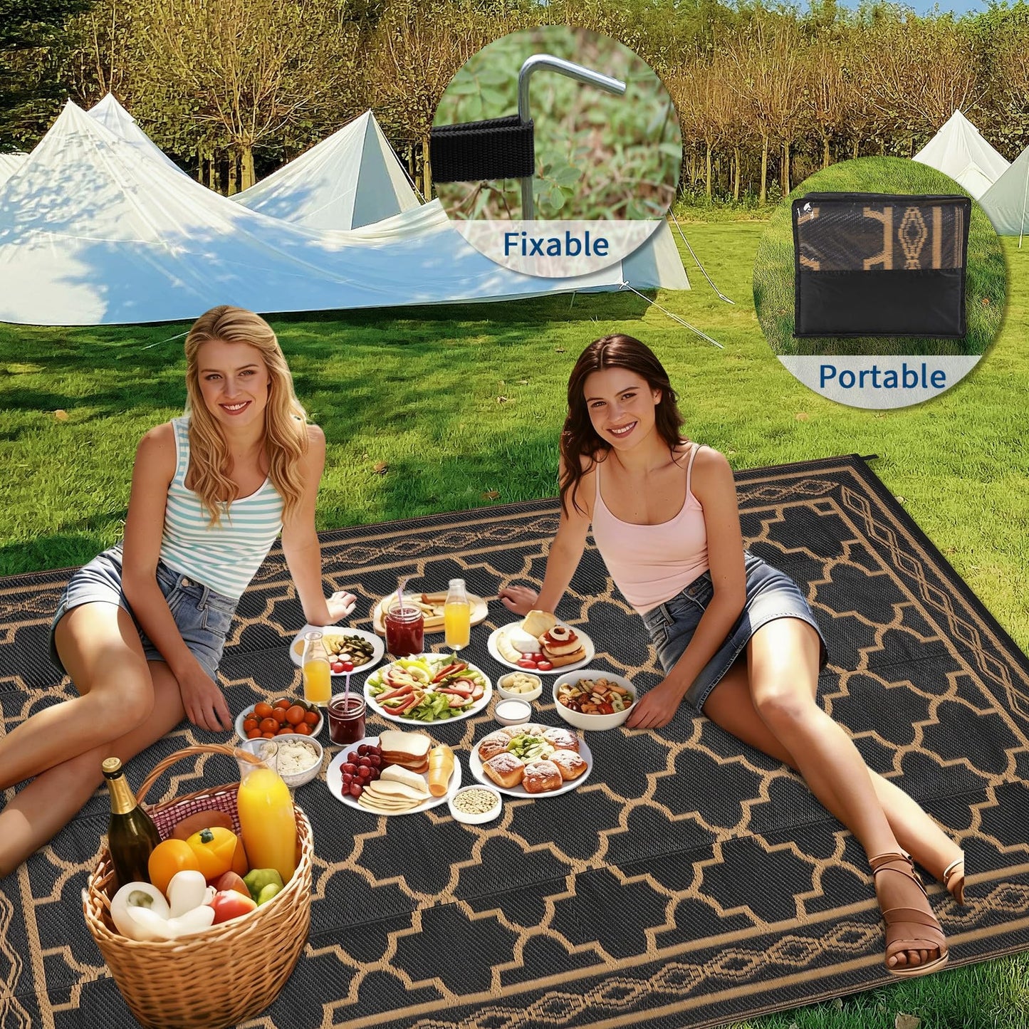 GarveeHome Outdoor Rug 9x12 Waterproof Rug for Patio Clearance Large Plastic Straw Mat Camping Carpet Reversible Plastic Outdoor Rug for RV, Patio, Backyard, Deck, Picnic, Beach, Trailer, Brown/Black