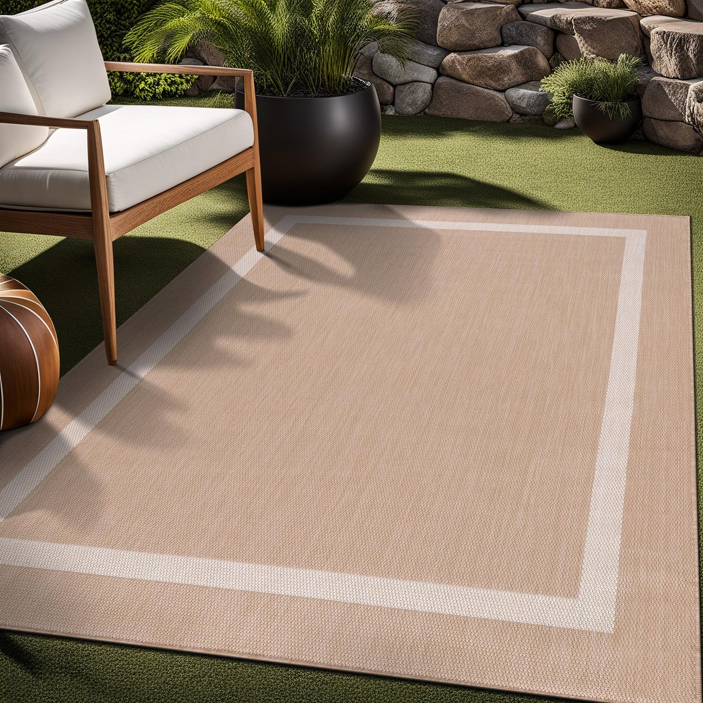 Luul Home Bordered Outdoor Rug 8x10 Washable Outside Carpet for Indoor Patio Porch Waterproof Easy Cleaning Non Shedding Area Rugs Beige 8 x 10