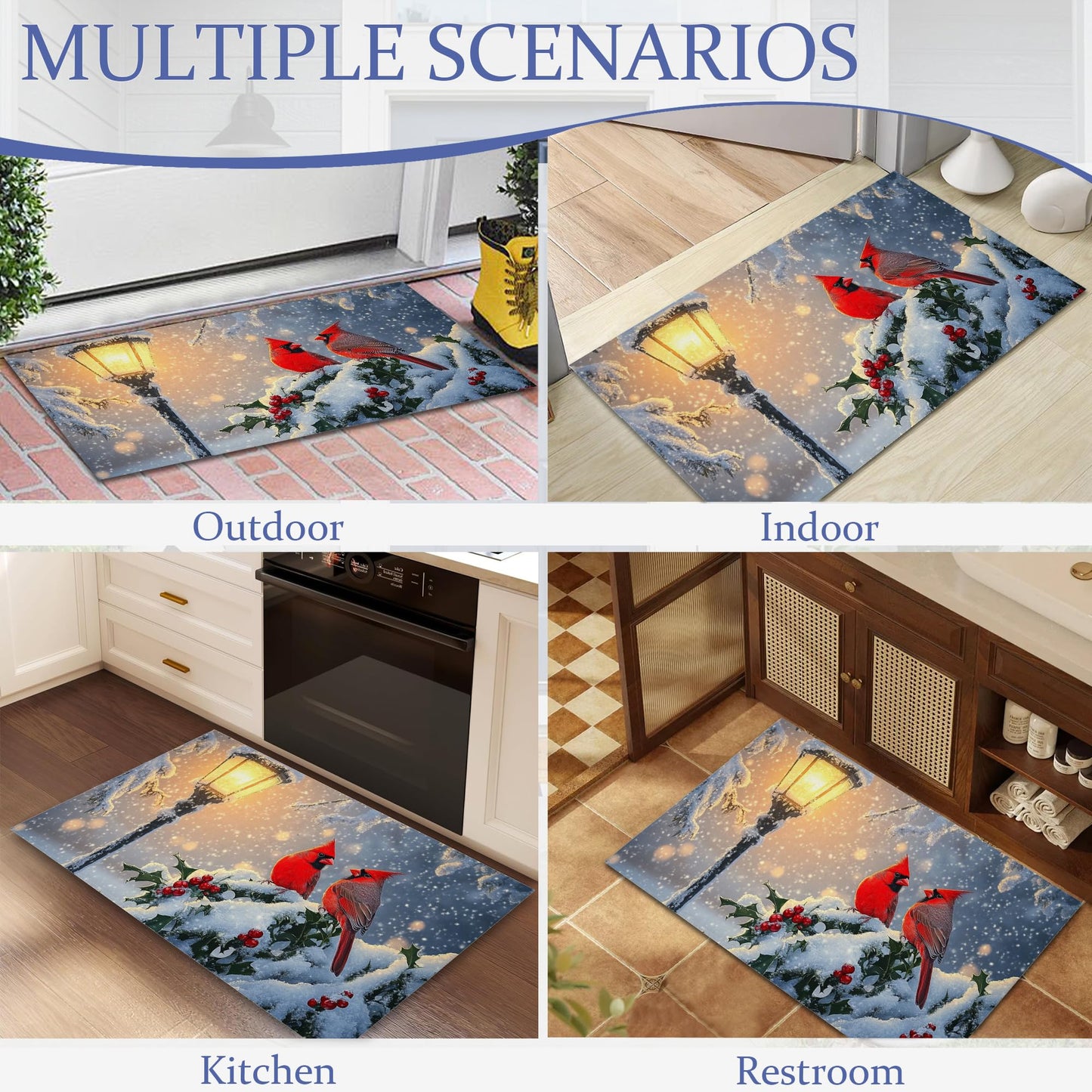 Winter Cardinal Welcome Mat,Christmas Snow Indoor Rugs for Entryway,Anti-Slip Low Profile Doormats Porch Mats for Front Door Stairway Rug Living Room Floor Mat 30 x 17 Inch