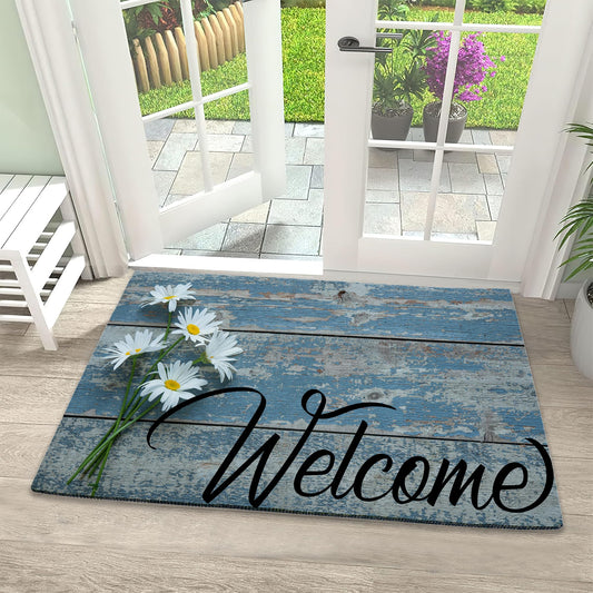 Retro Daisy Welcome Mats, Non-Slip Indoor Outdoor Door Mat for Home Entrance, Easy to Clean Floor Mat, 17 x 30 Inch for Entryway