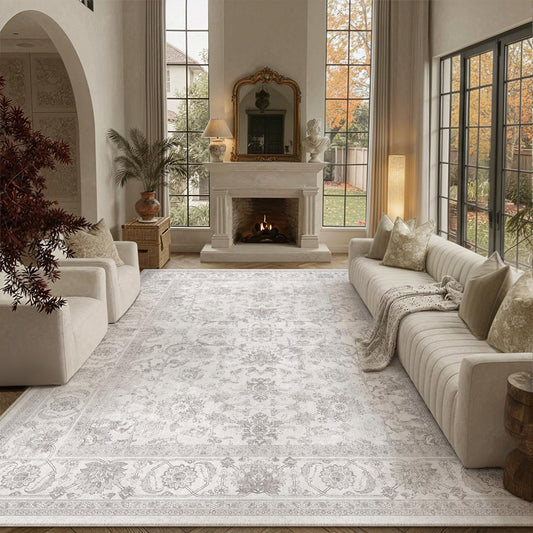 PureCozy 8x10 Gray Living Room Area Rug Vintage Washable Non Slip Indoor Carpet Distressed Low Pile Soft Retro Accent Throw Grey Large Rug for Bedroom Dining Room Office