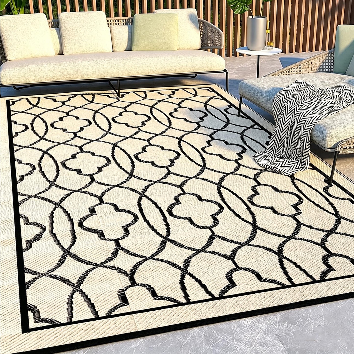 Pendolr 5’x8’ Outdoor Rug Waterproof Carpet Patio Rug Outdoor Plastic Straw Rugs Camping Rug Reversible Outside Outdoor Area Rug for Balcony Deck Backyard RV Picnic Beach Black&Beige 01#
