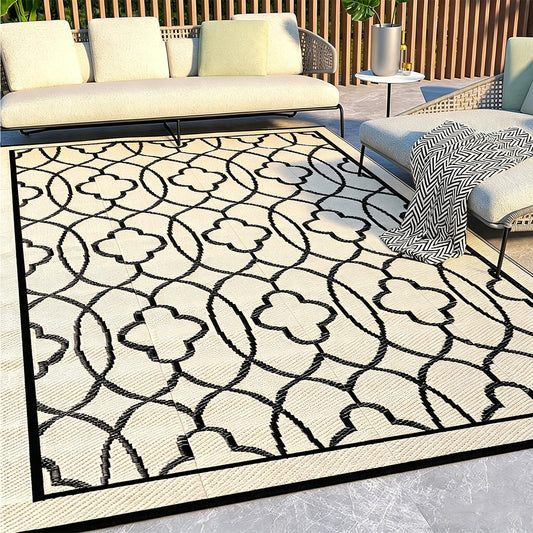 Pendolr 5’x8’ Outdoor Rug Waterproof Carpet Patio Rug Outdoor Plastic Straw Rugs Camping Rug Reversible Outside Outdoor Area Rug for Balcony Deck Backyard RV Picnic Beach Black&Beige 01#