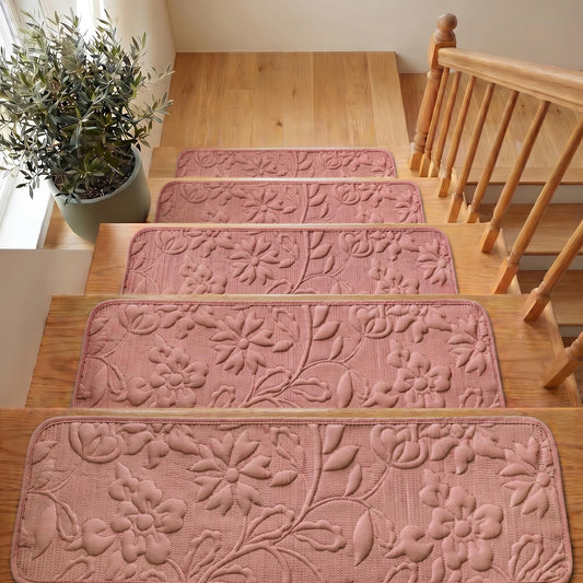 Stair Treads for Wooden Steps Indoor, Rugs Runners for Kids and Pets, 10"X30"(15Pack) 3D Embroidery Stair Carpet Treads with Reusable Non-Slip Silicone Particles Backing, Machine Washable, Dusty Rose