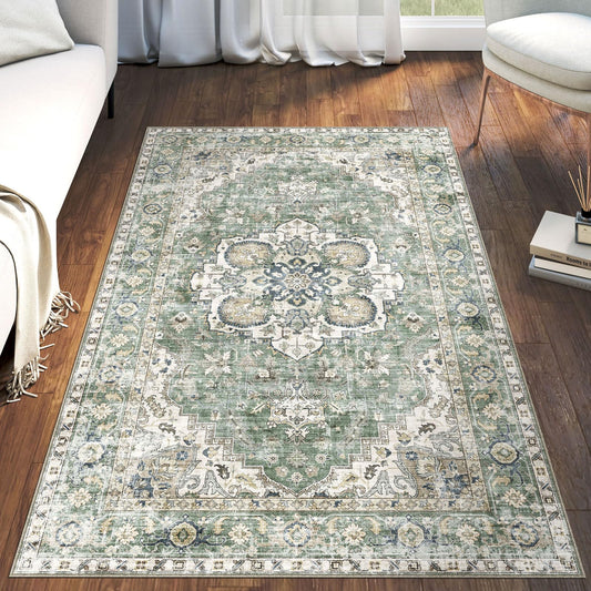 LUXRUG 3x5 Washable Area Rug - Small Entryway Rug Non-Slip Sage Green Vintage Oriental Kitchen Rugs Low Pile Boho Carpet Throw Rugs for Living Room Bedroom Bathroom Entrance Dorm Office Home Decor