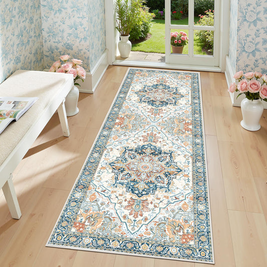 2x6 Washable Runner Rug with Non-Slip Backing - Low Pile Boho Farmhouse Hallway Runner for Kitchen, Bathroom, Entryway - Machine Washable Long Indoor Carpet, Vintage Floor Mat, Orange/Multi