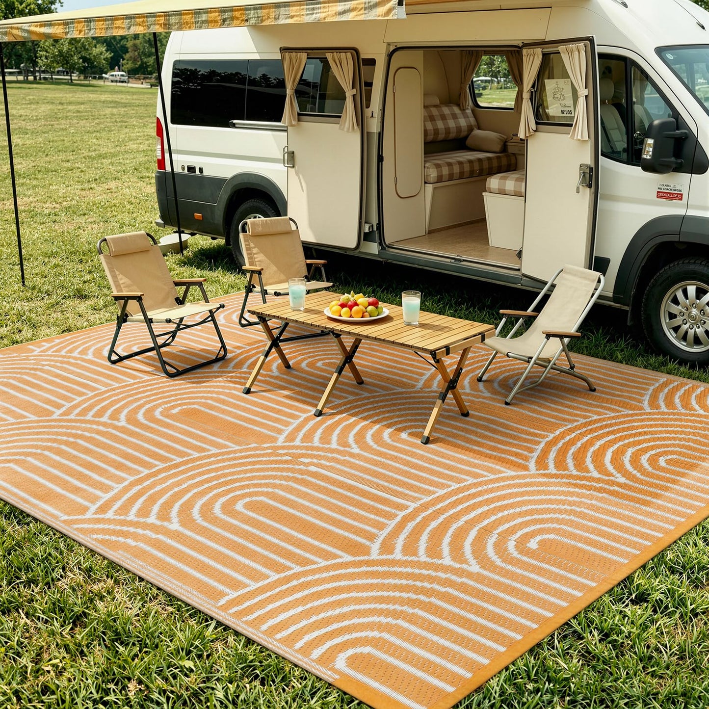 Lahome Outdoor Rugs 6x9 Patio Waterproof, Plastic Straw Rug Reversible RV Mat, Large Portable Outside Camping Carpet for Porch Floor Balcony Deck Tent Fall(Rainbow Orange, 6'x9')