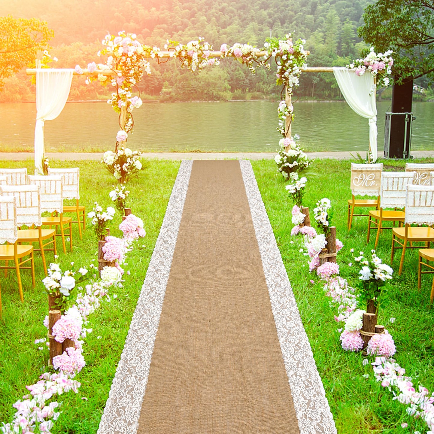 moonoom 20 Ft x 36 in Natural Burlap Wedding Aisle Runner, Rustic Jute Weddings Runway Carpet with Lace, Ceremony Burlap Carpet Roll for Beach Garden Church Reception Craft Decor