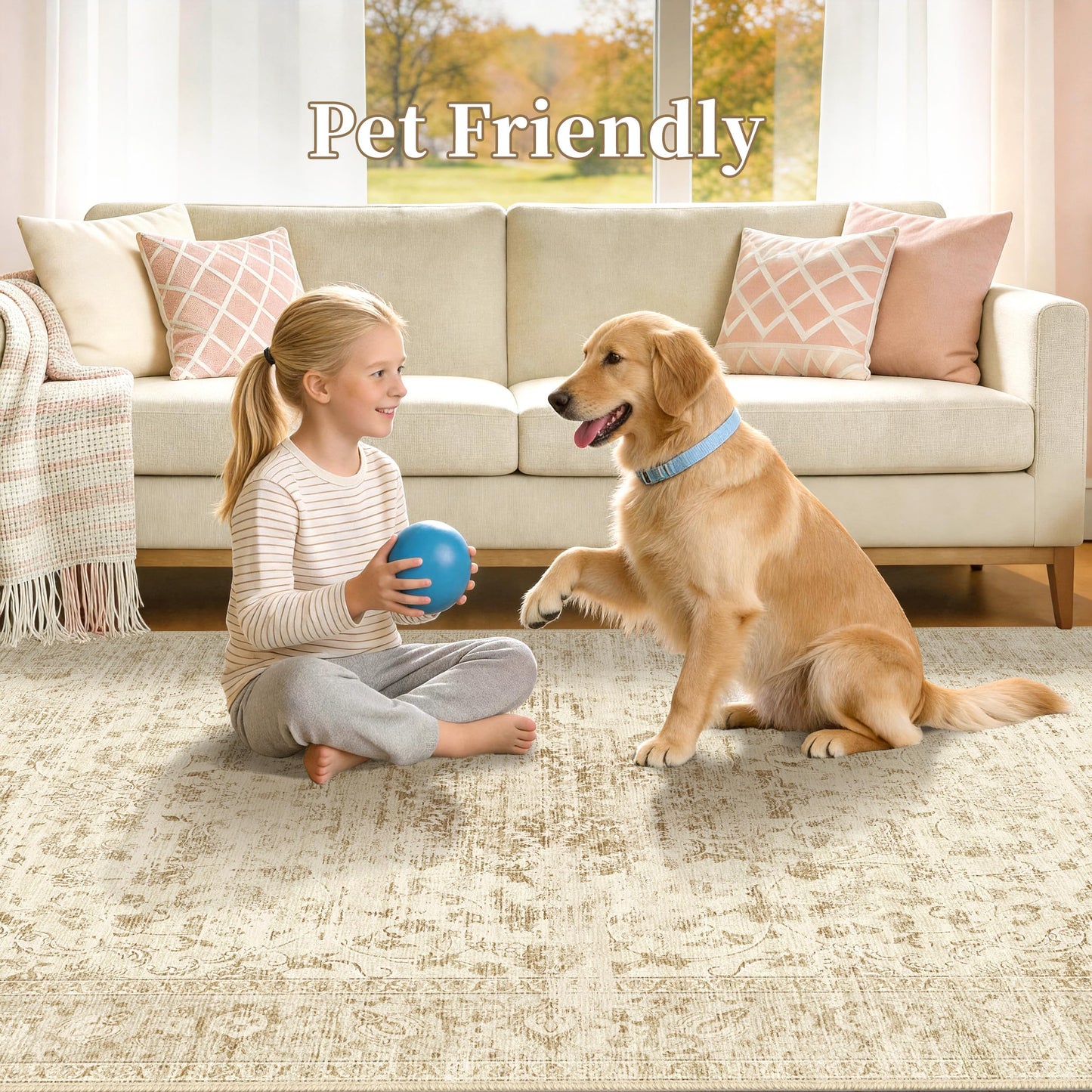 TTelephant Beige Living Room Rugs 8x10, Neutral Vintage Boho Carpet for Bedroom and Dining Room, Low Pile Nursery Indoor Area Rug with Non-Slip Silicone Backing, Non-Shedding