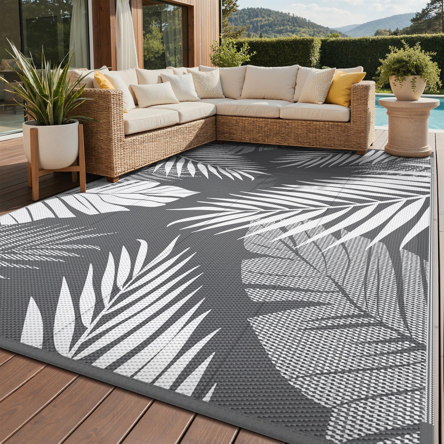 GENIMO Outdoor Rug 8' x 10' Waterproof for Patios Clearance, Reversible Plastic Straw Camping Rug Carpet, Large Area Rugs Mats for RV, Picnic, Backyard, Deck, Balcony, Porch, Beach, Grey&White