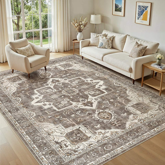 Jessibou Washable 5x7 Area Rug for Living Room - Vintage Distressed Carpet with Non-Slip Backing, Soft Stain Resistant Low Pile Indoor Rug for Bedroom & Dining Room, Kid & Pet Friendly - Brown