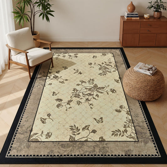 FALARK Easy Jute 3x5 Outdoor Patio Rug, Washable Rugs for Entryway Indoor Living Room, French Country Ivory Butterfly Floral Non Slip Thin Door Carpet for Backyard Bedroom Kitchen Office Balcony Decor