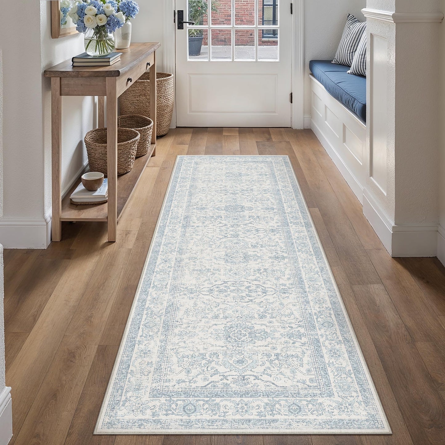 HUGEAR 2x6 Runner Rug Hallway Retro Light Blue Machine Washable Vintage Floral Low Pile Carpet Vacuumable Distressed Long Throw Rug Kitchen Bedroom Laundry Office Bathroom Non Slip Soft Lightweight