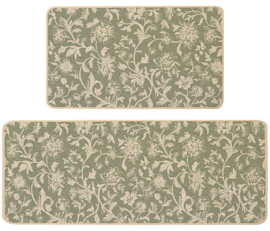 Baccessor Sage Green Floral Kitchen Mats Set of 2,Monochrome Sketch Retro Vintage Flowers Kitchen Rugs Absorbent Non Slip Low-Profile Washable for Spring Summer Floor Home Decor 17x29 and 17x47 Inch