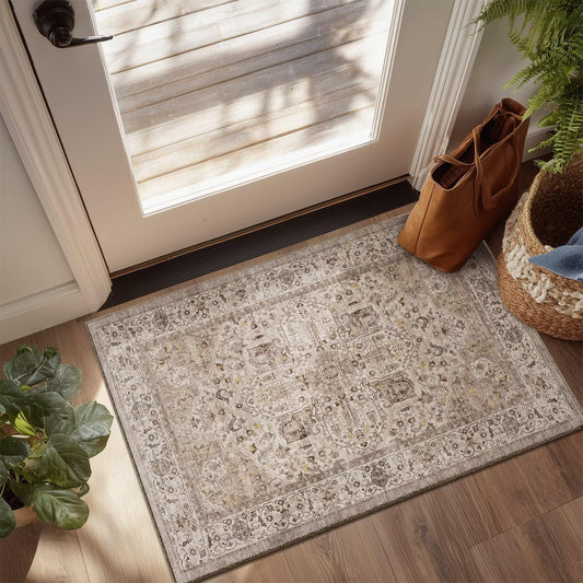 2x3 Door Mat, Washable Non-Slip Entryway Rug Boho Small Rugs for Kitchen Nursery Office Bedroom, 0.3" Vintage Neutral Oriental Throw Carpet with Cushioning Pad, Camel/Multi