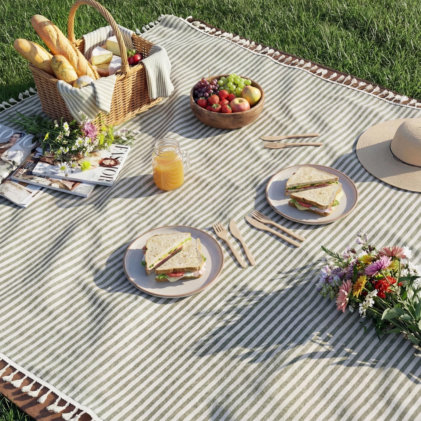 Breling 2 in 1 Double Layer Outdoor Picnic Blanket + Mat, Green Stripe Boho Large Waterproof Beach Mat Foldable Portable Camping Blankets with Carry Strap Tassel for Summer Park Grass 59'' x 79''