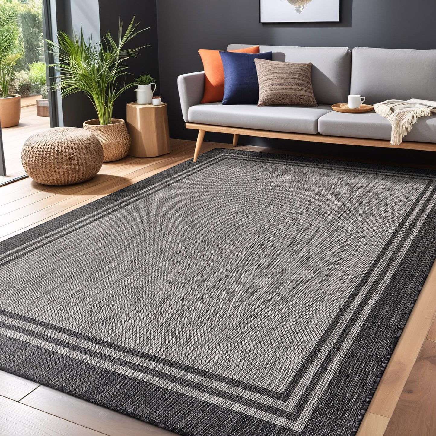 Luul Home Bordered Outdoor Rug 9x12 Washable Outside Carpet for Indoor Patio Porch Waterproof Easy Cleaning Non Shedding Area Rugs Dark Gray 9 x 12