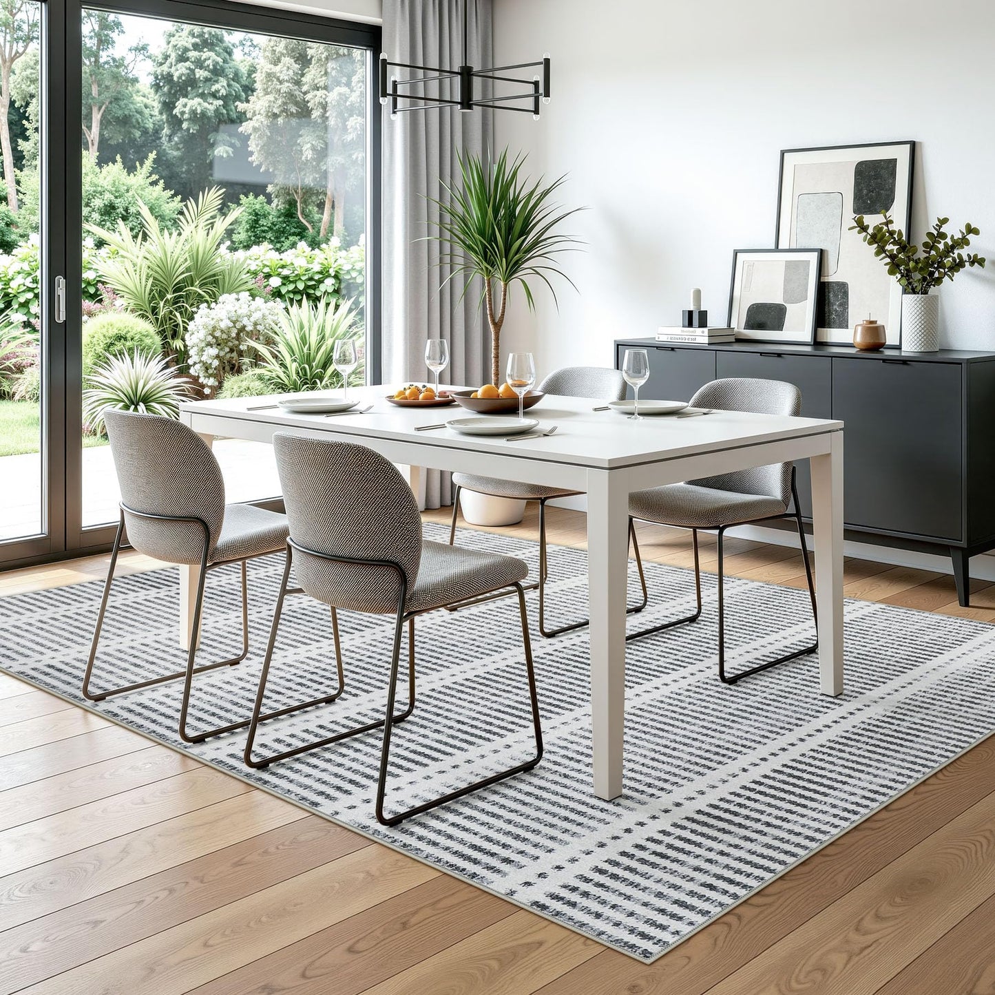 Tribesigns Ultra Thin 5x7 Washable Area Rugs for Living Room, Modern Non-Slip Rugs for Bedroom Dining Room, Grey Striped Farmhouse Large Indoor Carpet for Playroom Entryway