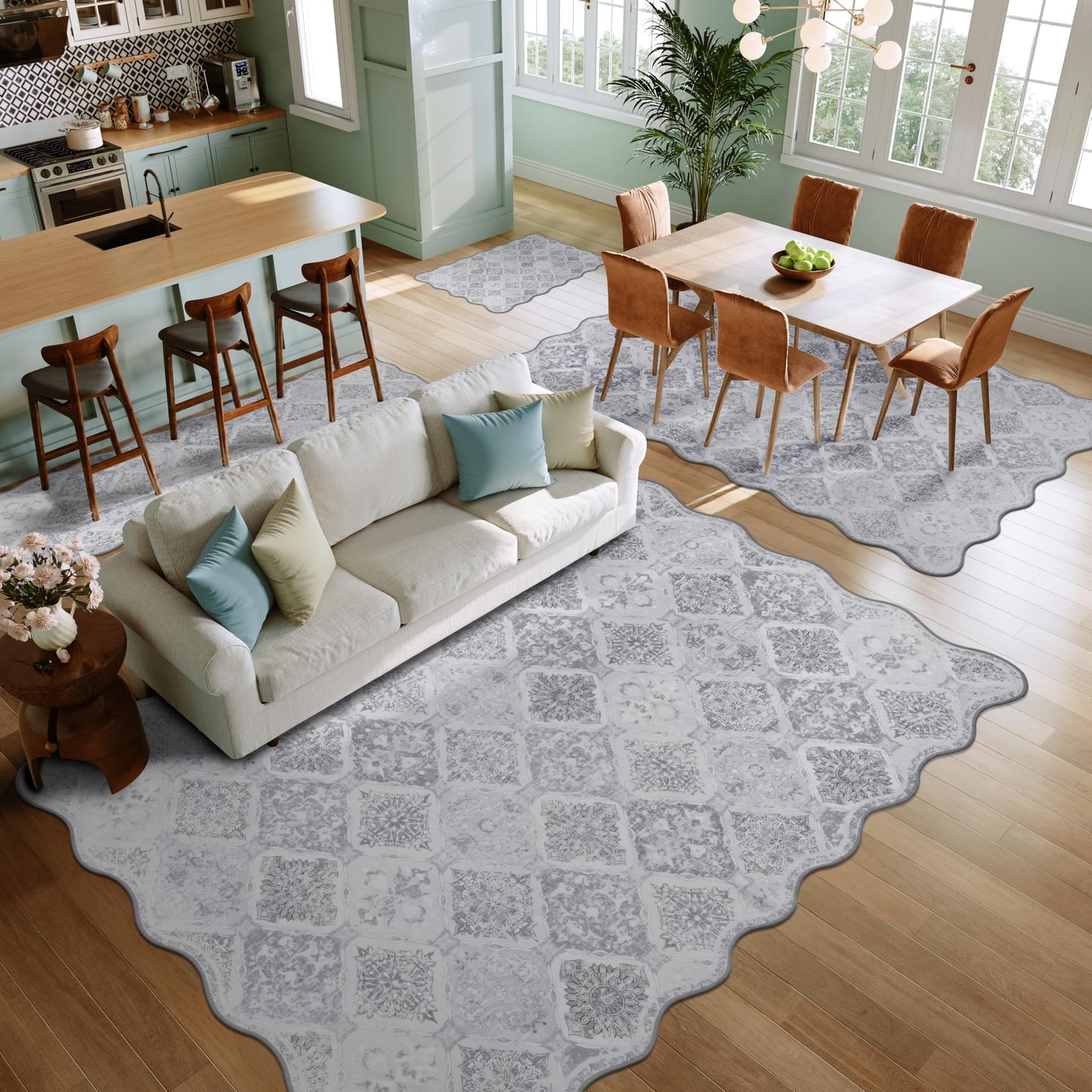 Clemile Moroccan 3x5 Area Rug, Unique Scalloped Ultra-Thin Soft Washable Rug, Non-Slip Stain Resistant Lightweight Low-Pile Carpet for Living Room Bedroom Dining Room Office (Light Grey)