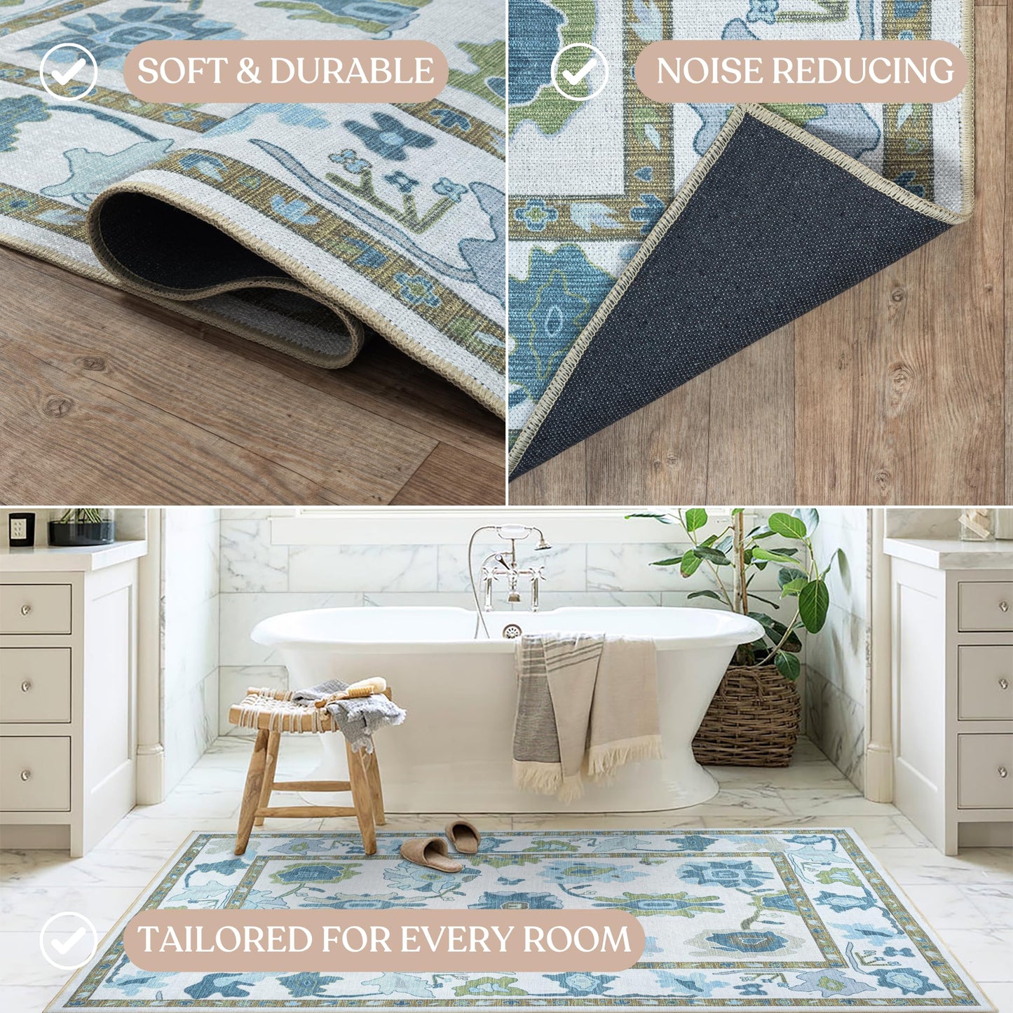 Fame Living Green Oushak Rug, Modern, Vintage, Turkish, Eclectic, Floral, Pastel, Washable, Large Area Rugs for Living Room, Dining, Bedroom, Girls, Boys, 7'5"x9'8"