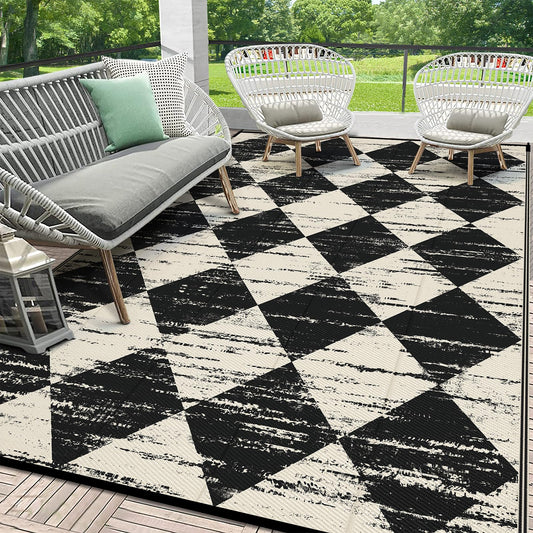 HEBE Checkered Outdoor Rug Waterproof 8x10, Reversible Plastic Straw Rug RV Camping Rug, Indoor Outdoor Patio Mat Clearance, Outside Carpet for Porch, Deck, Camper, Balcony, Backyard, Picnic