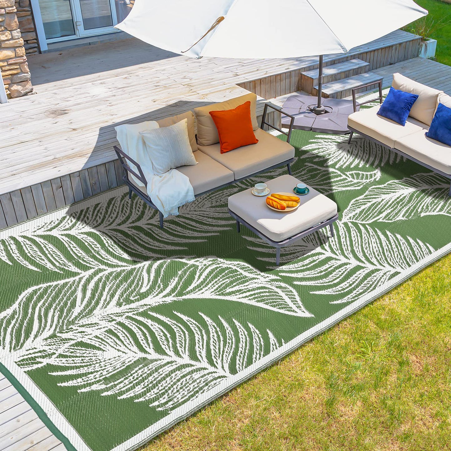 wikiwiki Outdoor Rug, 9x12ft Waterproof Reversible Mat Indoor Outdoor Rugs Carpet, Small Area Rug Plastic Straw Rug for Patio Deck Balcony Pool RV Camping Beach Picnic, Green, Rugscape Series