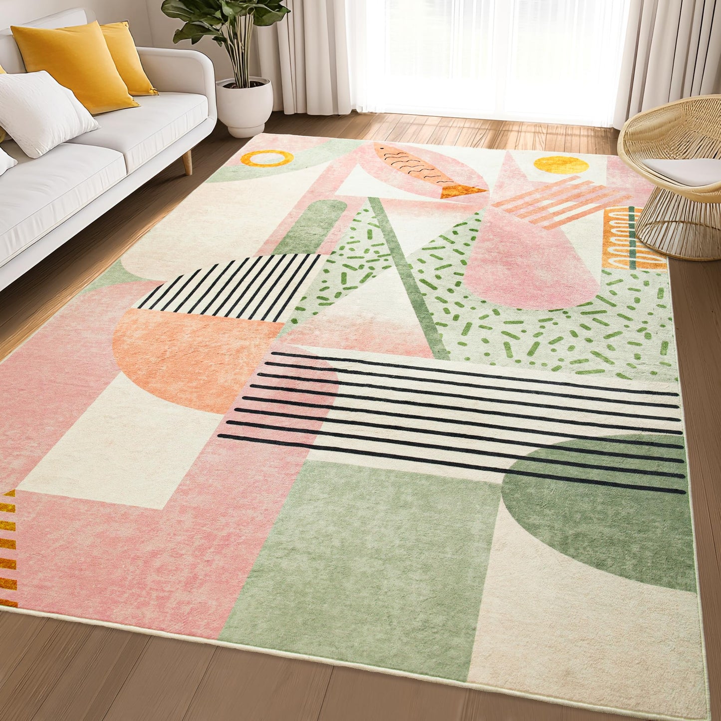 Tepook Pink Area Rug for Living Room, 8x10 Indoor Carpet for Bedroom Washable, Non-Slip Abstract Print Kids Rug for Nursery Playroom Classroom Dorm Office Dining Room