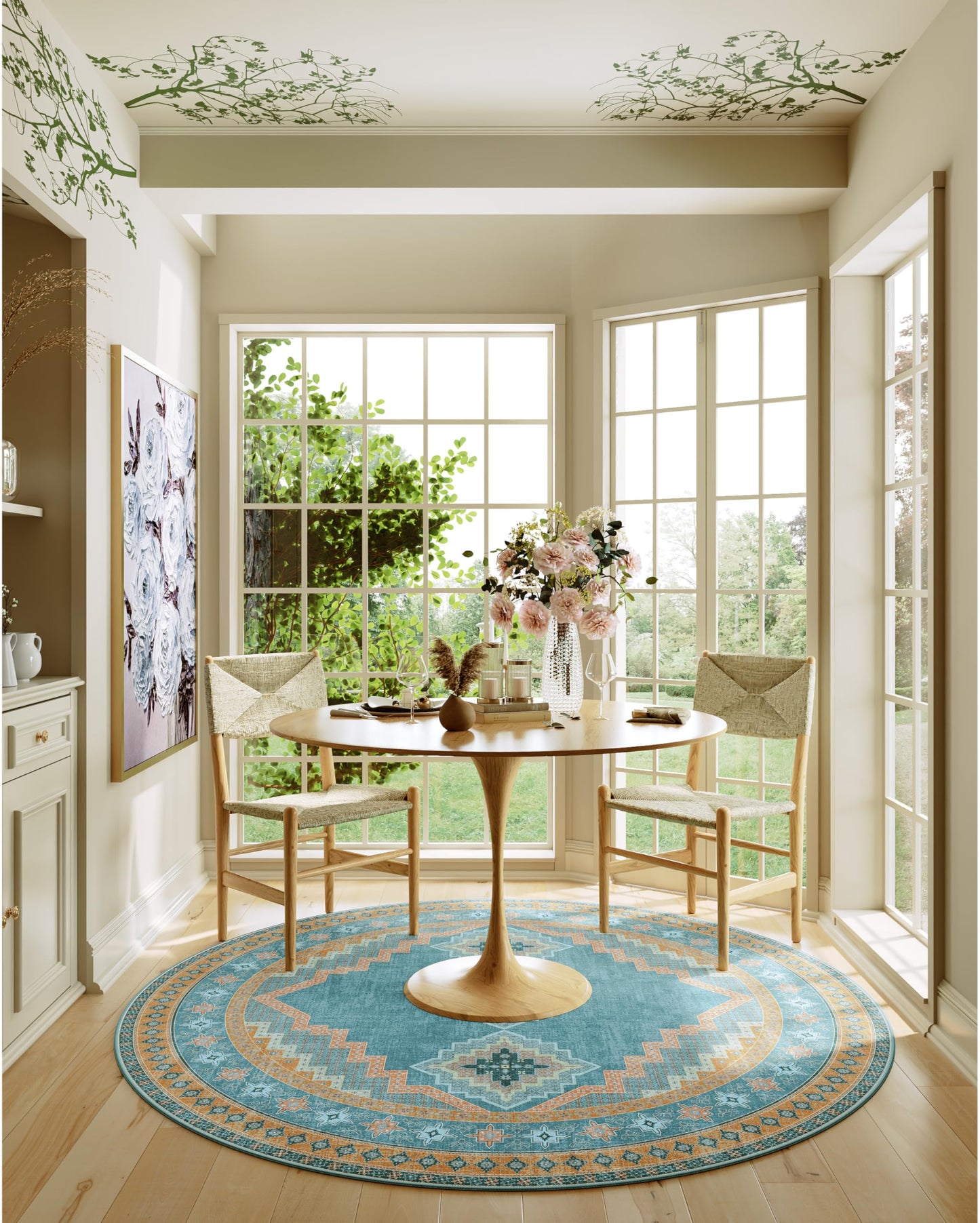 Clemile 6x6 Round Area Rug - Washable Ultra-Thin Living Room Rug Vintage Non-Slip Carpets - Soft & Stain Resistant Rug for Kitchen Bedroom Dining Room Blue Yellow