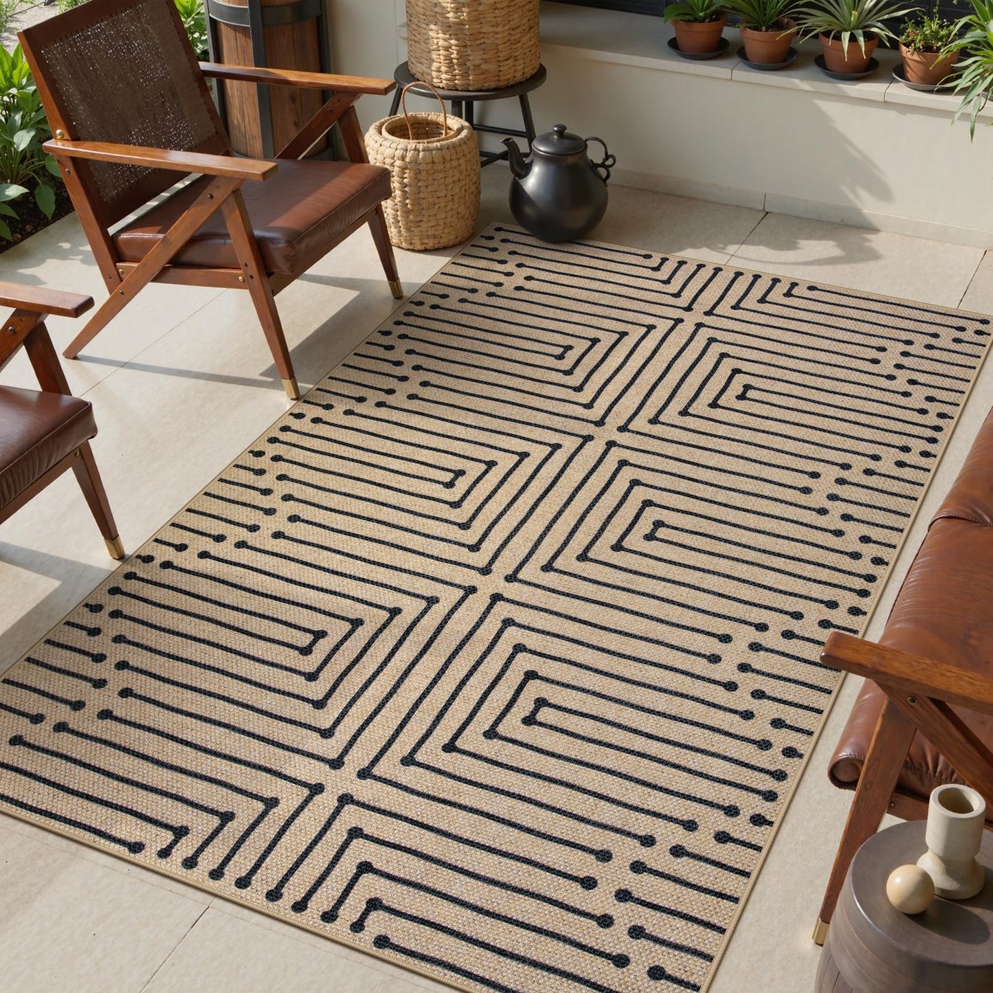 Lahome Boho 3x5 Washable Rugs for Entry, Easy Jute Indoor Outdoor Porch Rugs, Maze Lines Modern Throw Rug Non Slip Stain Resistant Door Mat for Bedroom Living Room Deck