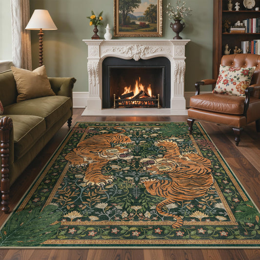 Bavni Tiger Area Rugs 5x7, Boho Vintage Oriental Living Room Rug, Non Slip Washable Rug Stain Resistant, Low Pile Thin Soft Green Rug, Botanical Animal Carpet for Bedroom, Dining Room, Office, Dorm