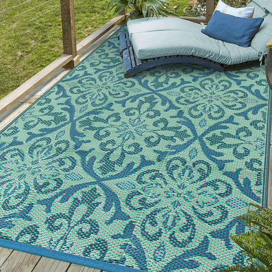 Lahome Waterproof Outdoor Rug 6x9 ft, Reversible Plastic Straw Patio Rug for Camping, RV Mat Outside, Indoor Outdoor Carpet for Porch Deck Backyard Camper Picnic, Light Blue and Green 6x9
