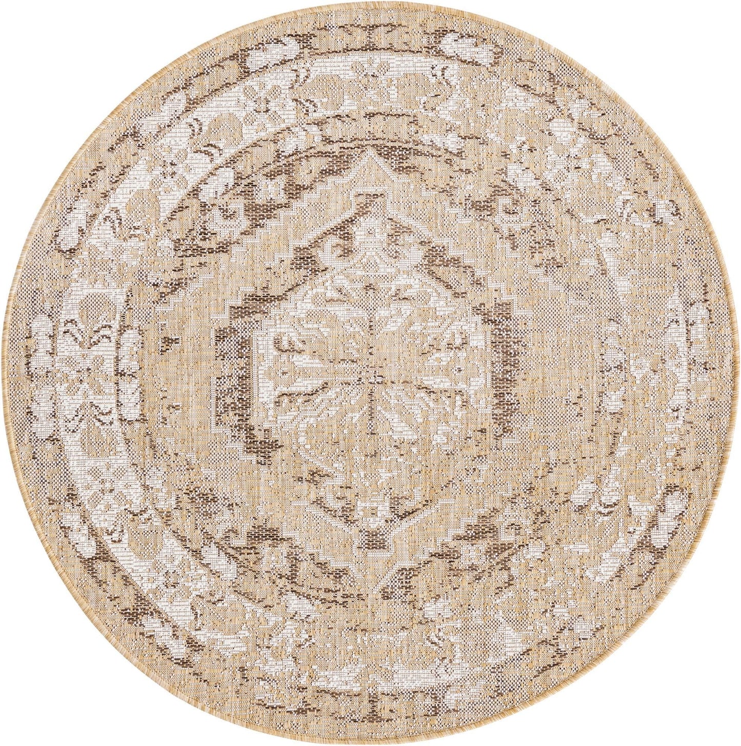 Rugs.com Outdoor Traditional Collection Rug – 4 Ft Round Natural Flatweave-Pile Rug Perfect for Kitchens, Dining Rooms