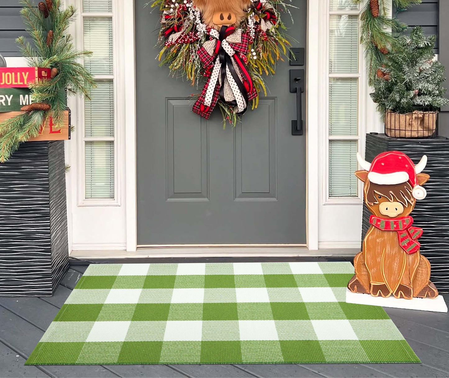 Layered Doormat 24''x35'' Green and White Buffalo Plaid Porch Mat Cotton Woven Washable Carpet for Layered Doormat Hello/Welcome Door Mat,Kitchen,Farmhouse,Entryway