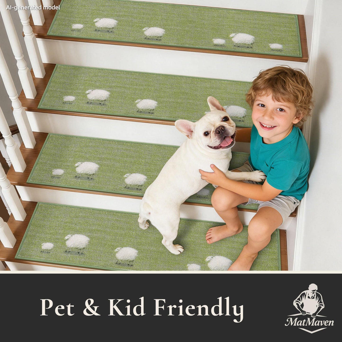 MatMaven Stair Treads for Wooden Steps Indoor,4 Pack 8"x30" Non Slip Machine Washable Carpet Stair Treads,Stair Runner Rugs with Peel & Stick Reusable TPE Backing for Kids Elders & Pets,Green(Sheep)