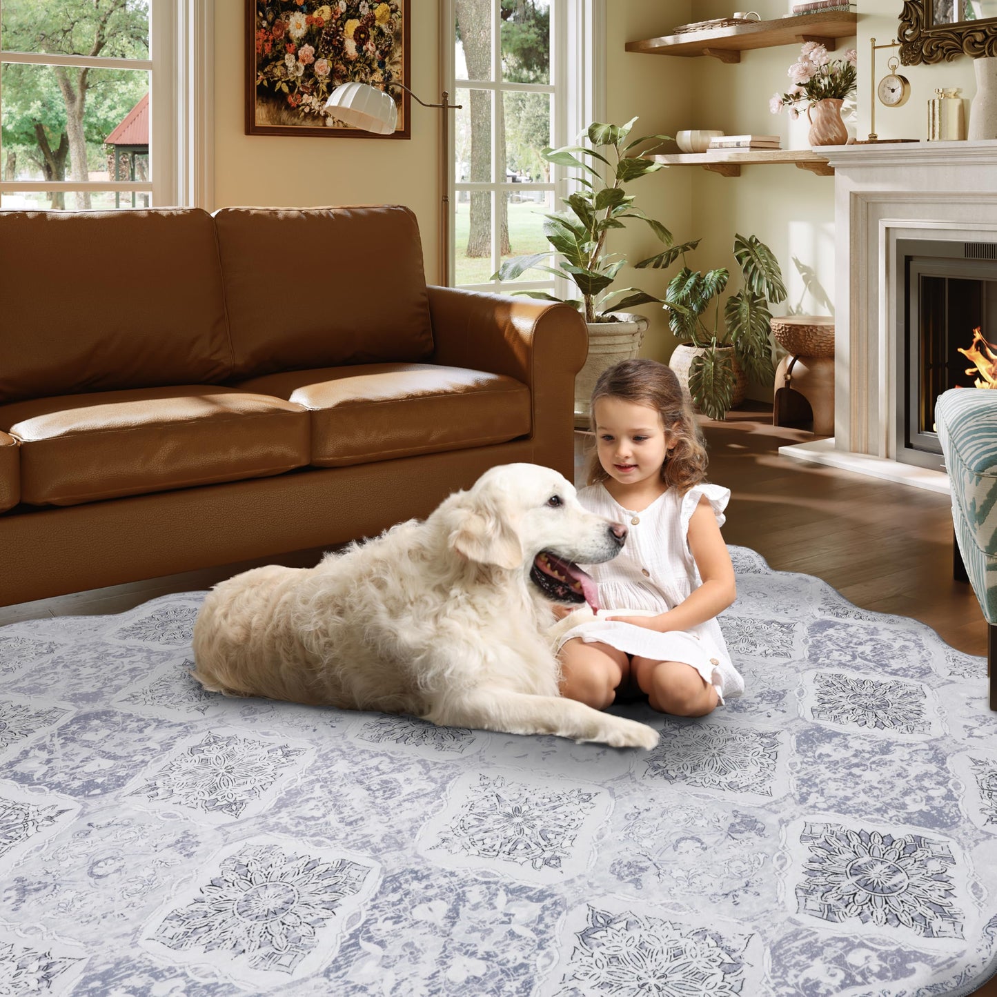 Clemile Moroccan 3x5 Area Rug, Unique Scalloped Ultra-Thin Soft Washable Rug, Non-Slip Stain Resistant Lightweight Low-Pile Carpet for Living Room Bedroom Dining Room Office (Light Grey)