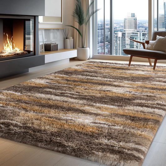 Fluffy Rugs for Living Room Bedroom, 5x7 Feet Abstract Brown Shag Area Rugs, Non-Slip Indoor Modern Fuzzy Plush Floor Carpet for Dorm Nursery Kids Room Decor, Soft Indoor Shaggy Rug