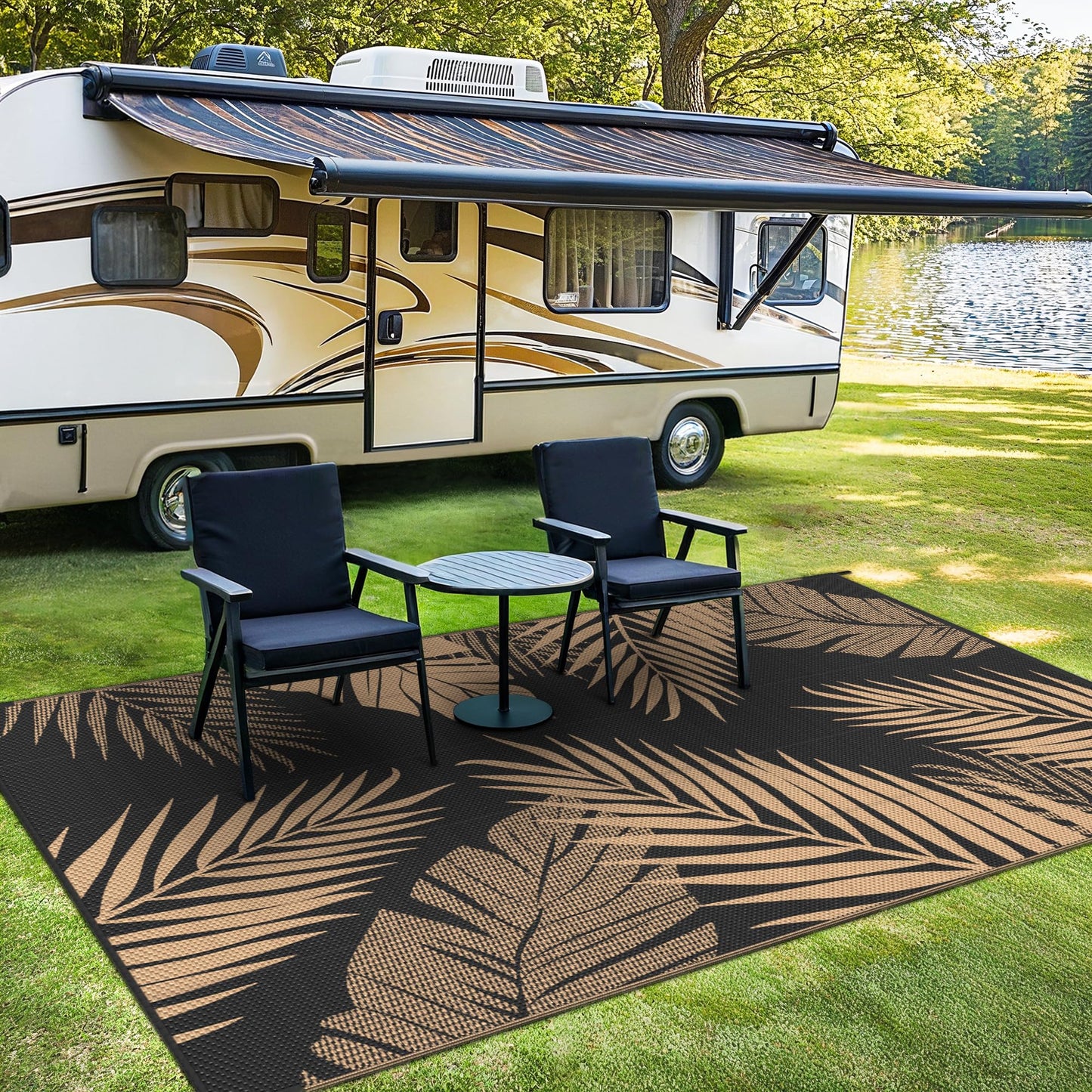 sarben Outdoor Rug 4' x 6' Waterproof for Patios Clearance, Reversible Plastic Straw Indoor Outdoor Rug for RV, Picnic, Backyard, Deck, Balcony, Porch, Beach, Black and Brown