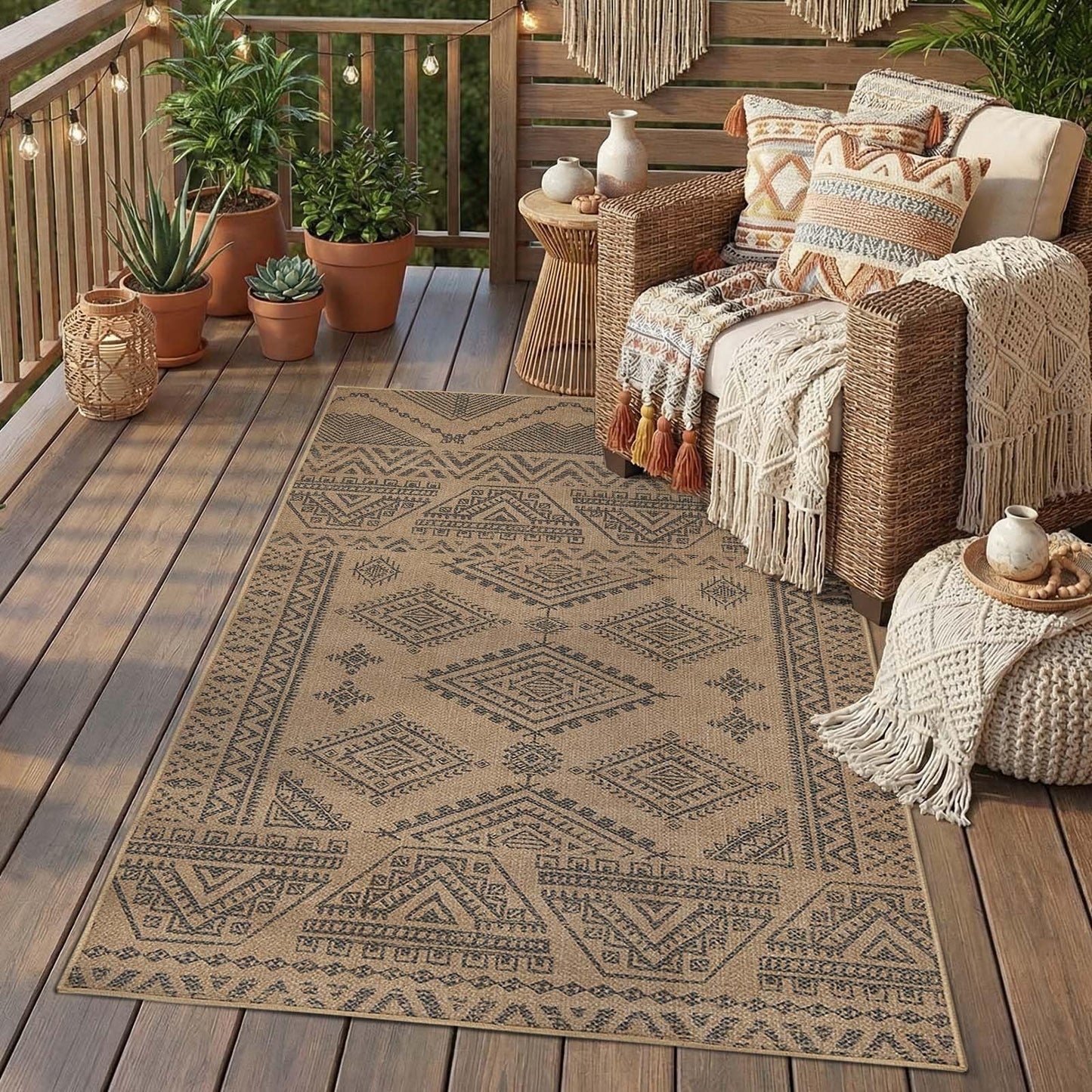 jinchan 3x5 Washable Faux Jute Area Rug, Natural Fiber Look Boho Southwestern Geometric Accent Rug, Low-Pile Non-Slip Floor Mat for Bedroom Living Room Entryway Covered Patio Balcony, Natural Charcoal
