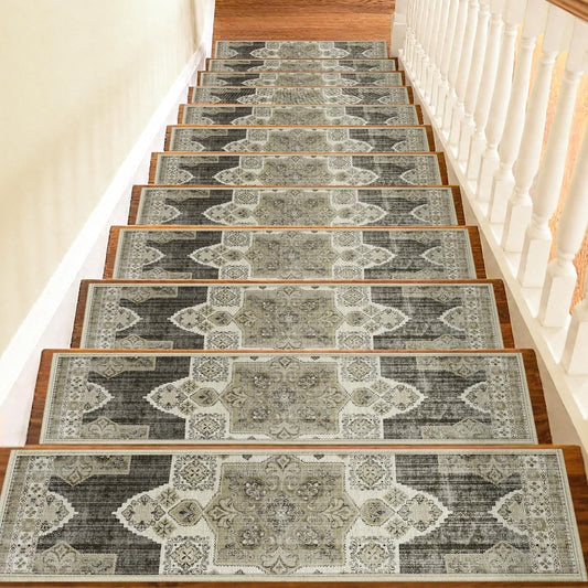 Non Slip Stair Treads for Wooden Steps Indoor, Begie, 15pcs, 30"X8", Soft Carpet Mat, Machine Washable Boho Carpet Treads with Reusable Adhesive Backing, Safety Stair Tread for Dog, Kid, Elder