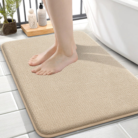 OLANLY Thick Memory Foam Small Bathroom Rugs 24x16, Extra Soft Absorbent Bathroom Mat, Quick Dry Bath Mat, Non-Slip, Machine Washable Carpet for Bathroom, Tub and Shower, Home Decor Accessories, Beige