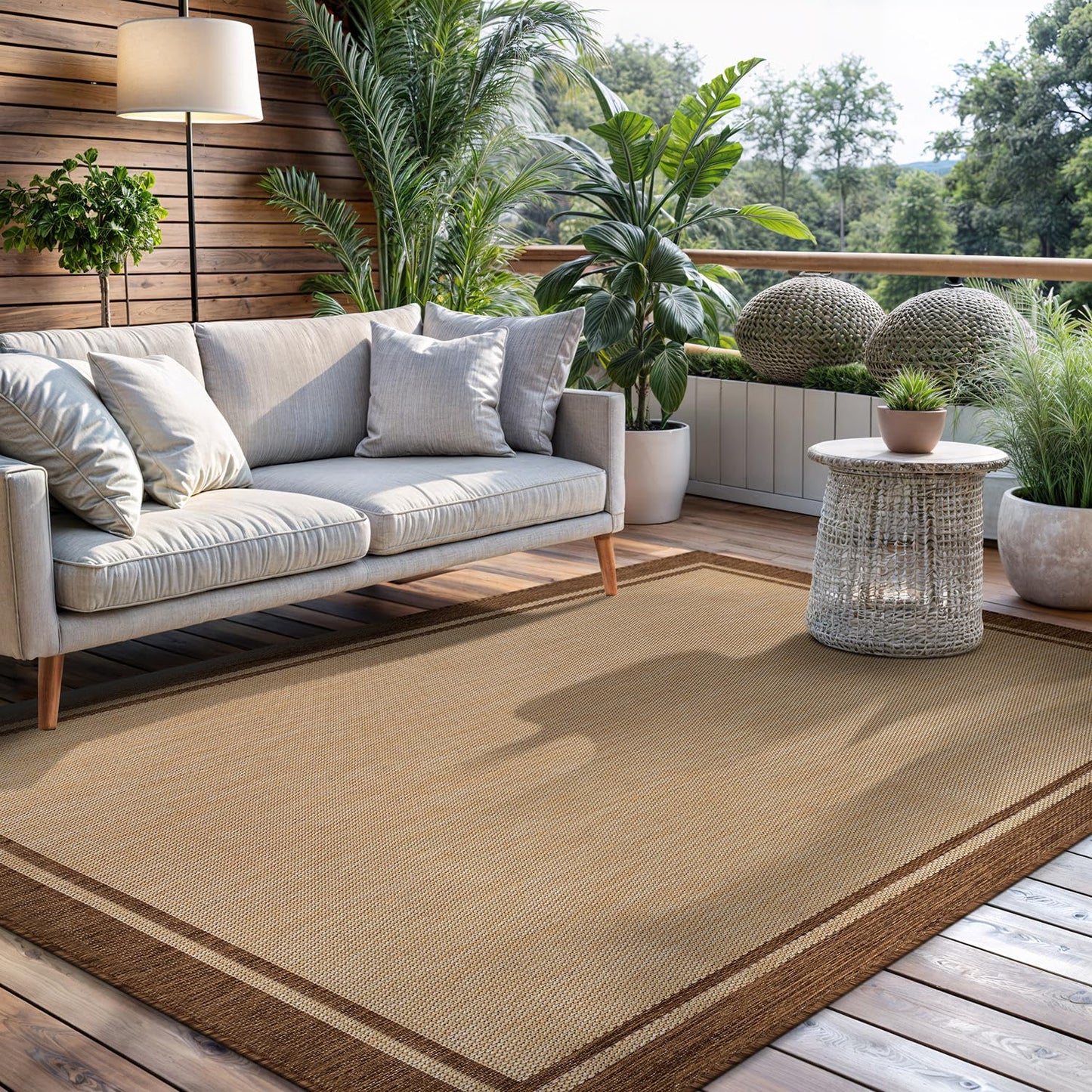 CAMILSON Outdoor Rug 5x7 Bordered Natural Brown Modern Area Rugs for Indoor and Outdoor Patios, Kitchen and Hallway Mats, Washable Porch Deck Outside Carpet (Border Jute, 5 x 7)