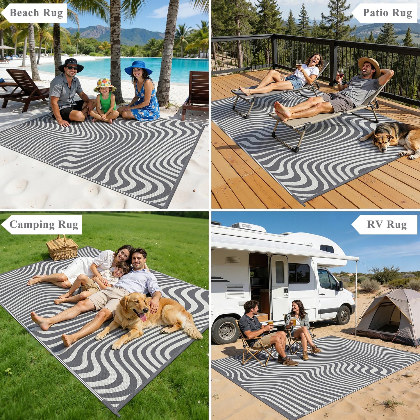 Vaukki Outdoor Patio Rug 5x8, Waterproof Woven Plastic Straw Camping Area Mat, Grey RV Striped Outside Reversible Carpet Clearance for Porch Backyard Deck Balcony